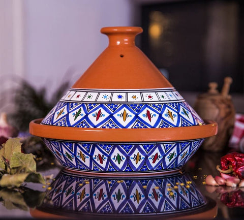 Kamsah Hand Made and Hand Painted Tagine Pot | Moroccan Ceramic Pots For Cooking and Stew Casserole Slow Cooker (Medium, Supreme Bohemian Blue)
